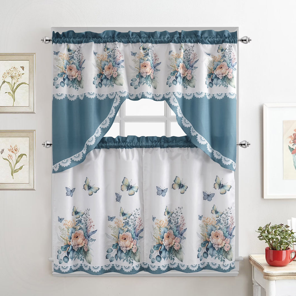 Turquoise 3-Piece Kitchen Curtain Tiers & Swag Set, 58x36 & 28x36 inches G185