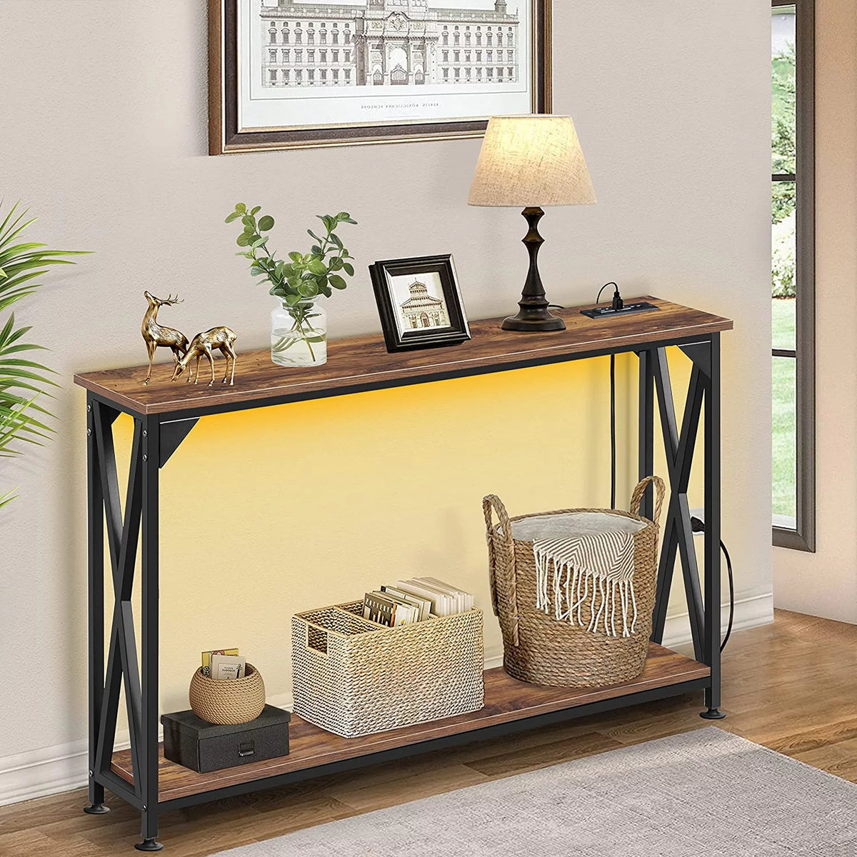 2 Tiers Console Sofa Table with Power Outlet and Open Storage Shelf Y155558