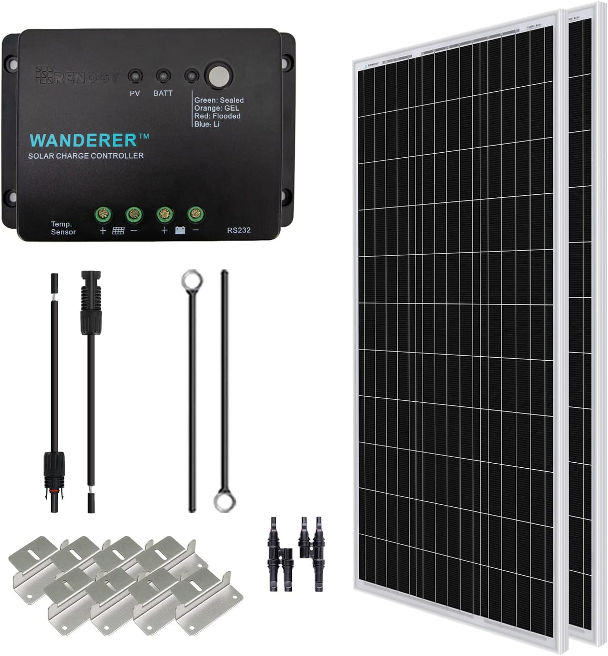 200 Watt 12 Volt Monocrystalline Solar Panel Starter Kit with 2 Pcs 100W Panel and 30A PWM Charge Controller F1005