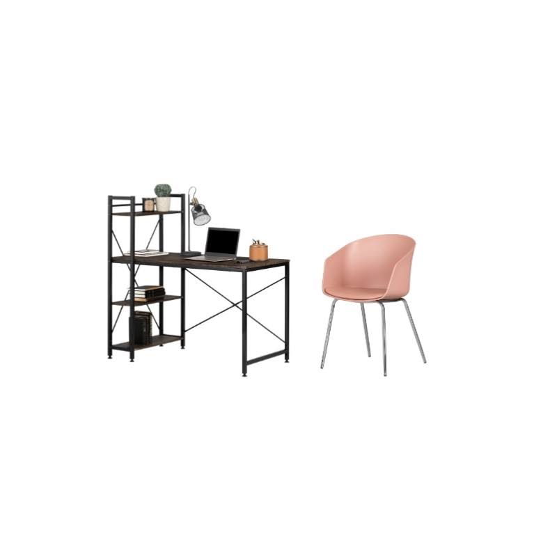 Fall Oak Desk with Bookcase and Pink Chrome Chair Set X196134