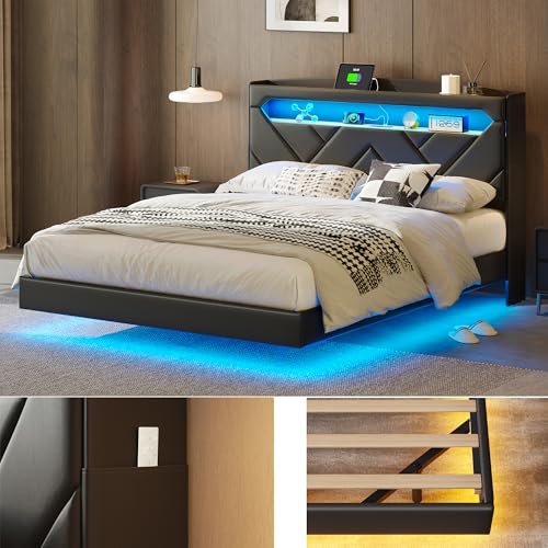 Black Full Size Upholstered Platform Bed Frame with Headboard and Storage X624463