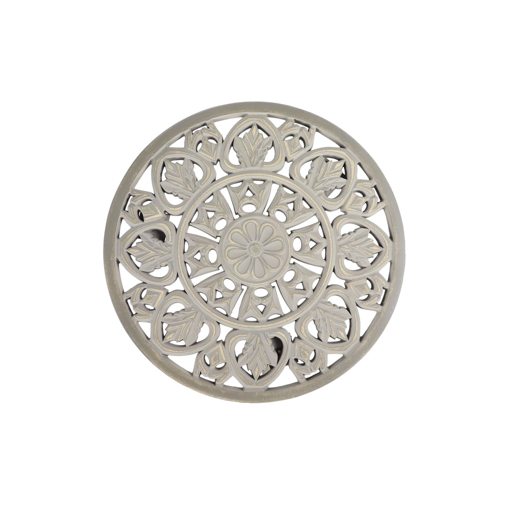 Gray Brown Carved Wood Round Accent Table R744808