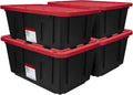 4 Pack 27 Gallon Plastic Storage Container with Snap-On Lid Black and Red O3472
