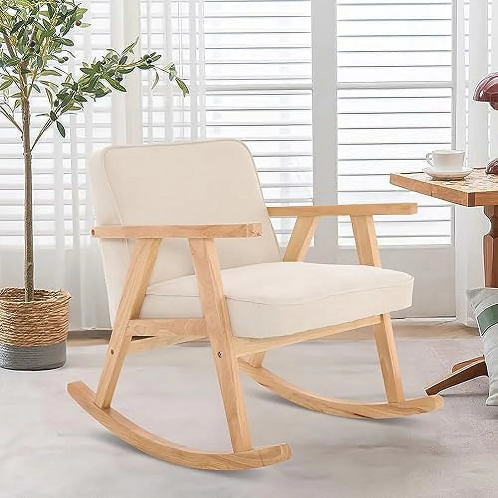 Beige Walnut Upholstered Rocking Chair with Solid Wood E662465