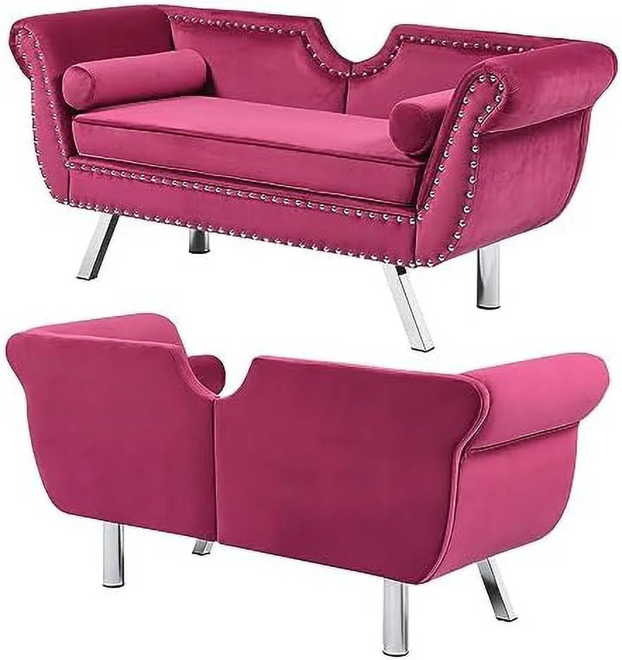 Velvet Ottoman Bench with Back and Silver Metal Legs Y7166