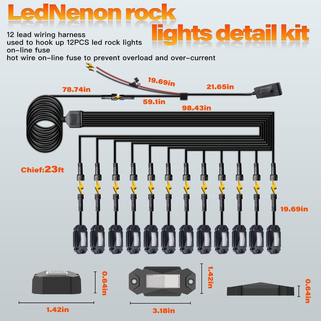 White 12Pods LED Rock Lights with 23FT Harness Fuse Switch Kit K9352
