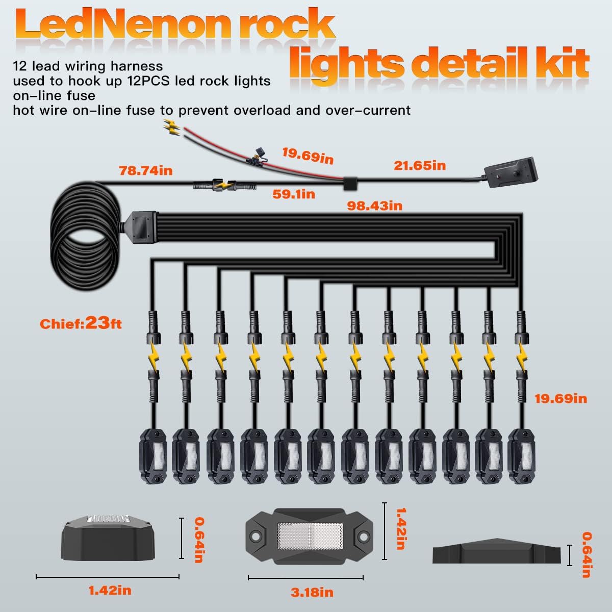 White 12Pods LED Rock Lights with 23FT Harness Fuse Switch Kit K9352