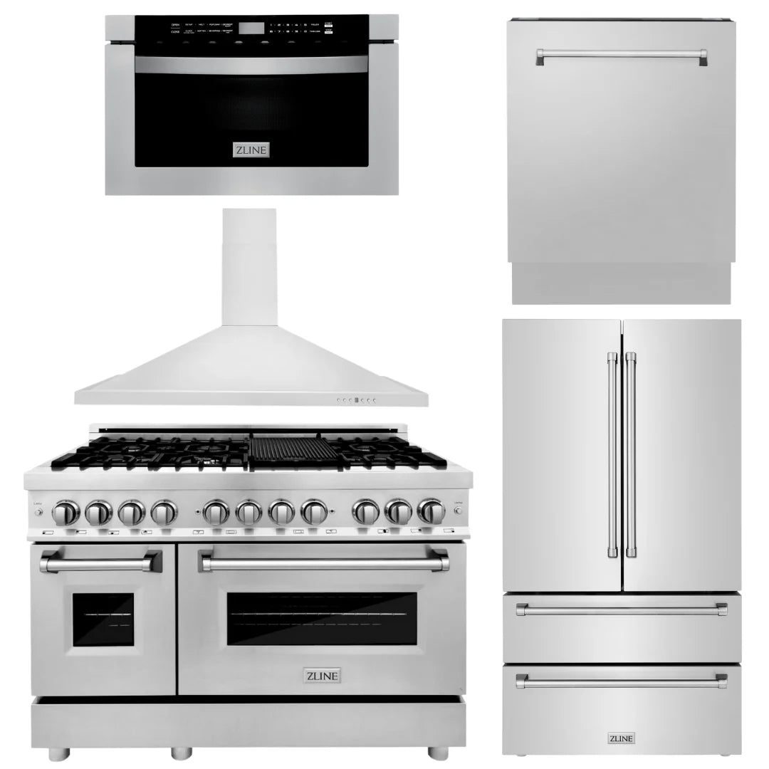 48 in. Dual Fuel Range, Range Hood, Microwave Drawer, Dishwasher, Refrigerator X9313