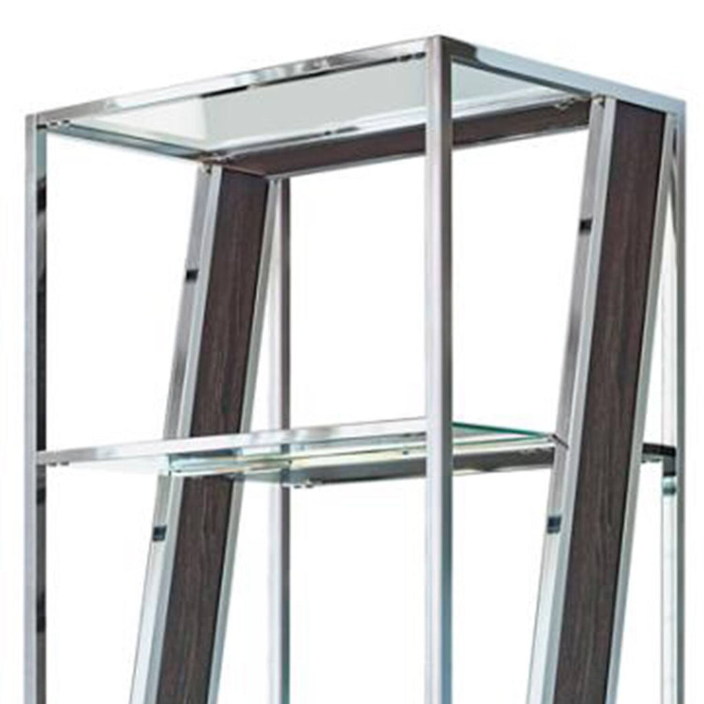 Black and Chrome 4 Tier Metal Bookcase with Glass and Wooden Shelf F51420