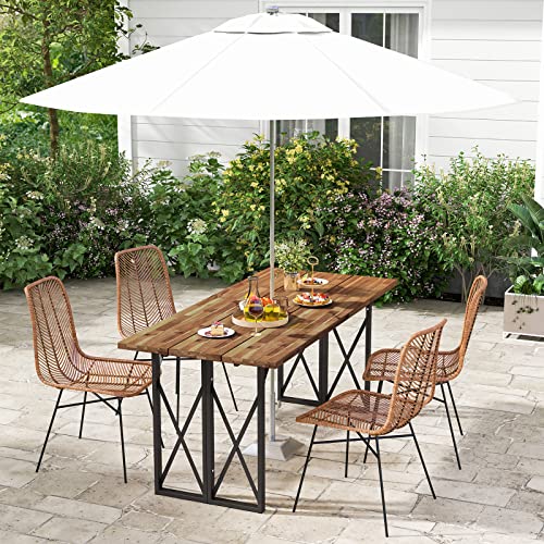 67 Inch Acacia Wood Outdoor Dining Table with Umbrella Hole K5477