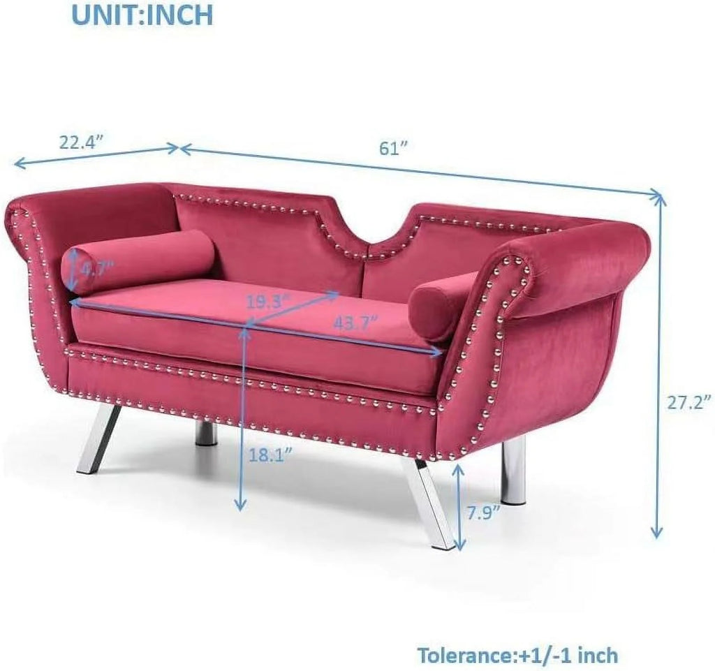 Velvet Ottoman Bench with Back and Silver Metal Legs Y7166