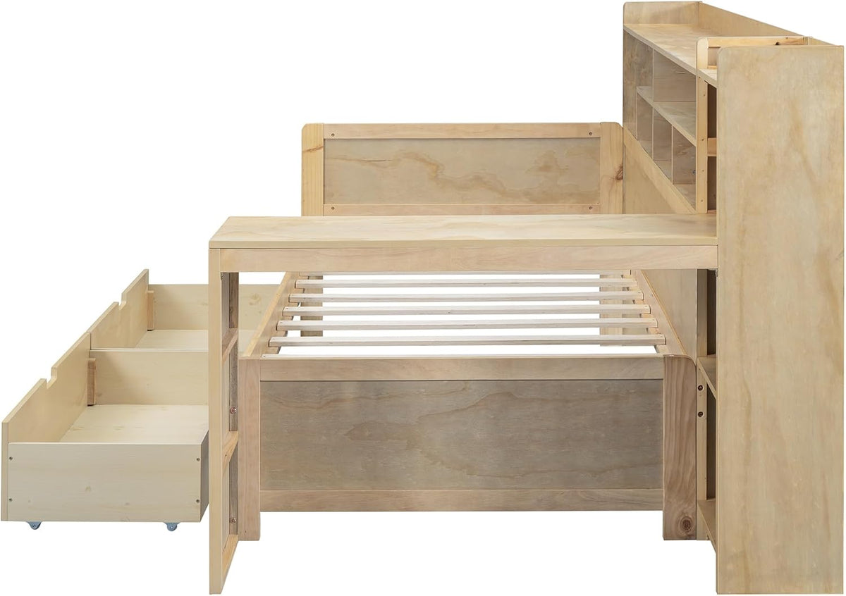 Twin Size Wooden Daybed with Storage Bookshelf, Study Desk and 2 Drawers M507