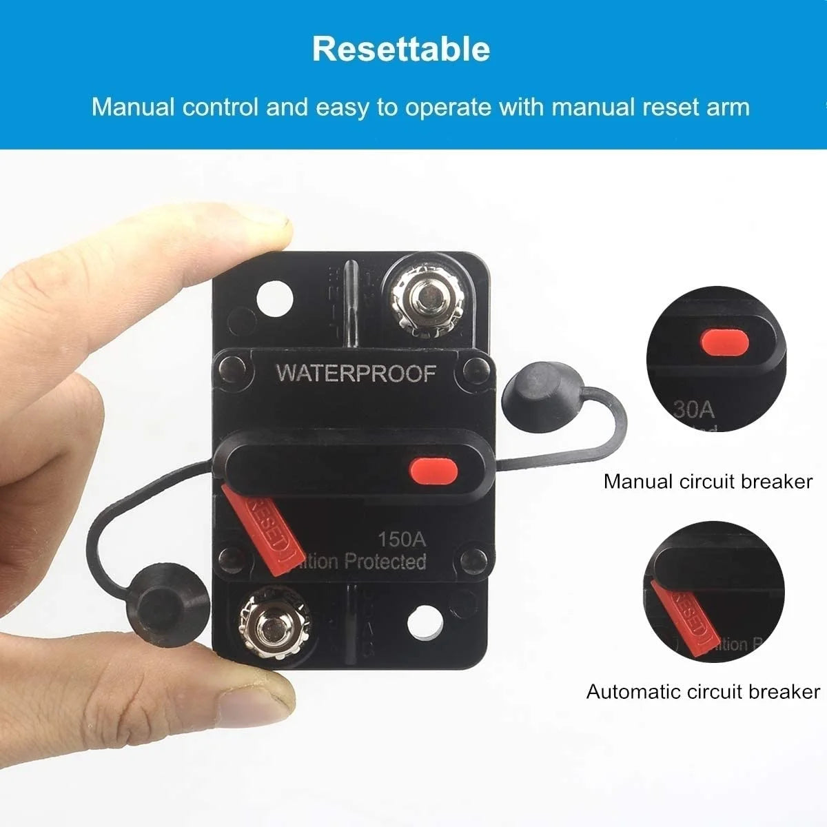 150 Amp Circuit Breaker with Manual Reset 12V-36V DC Waterproof Surface Mount Z860