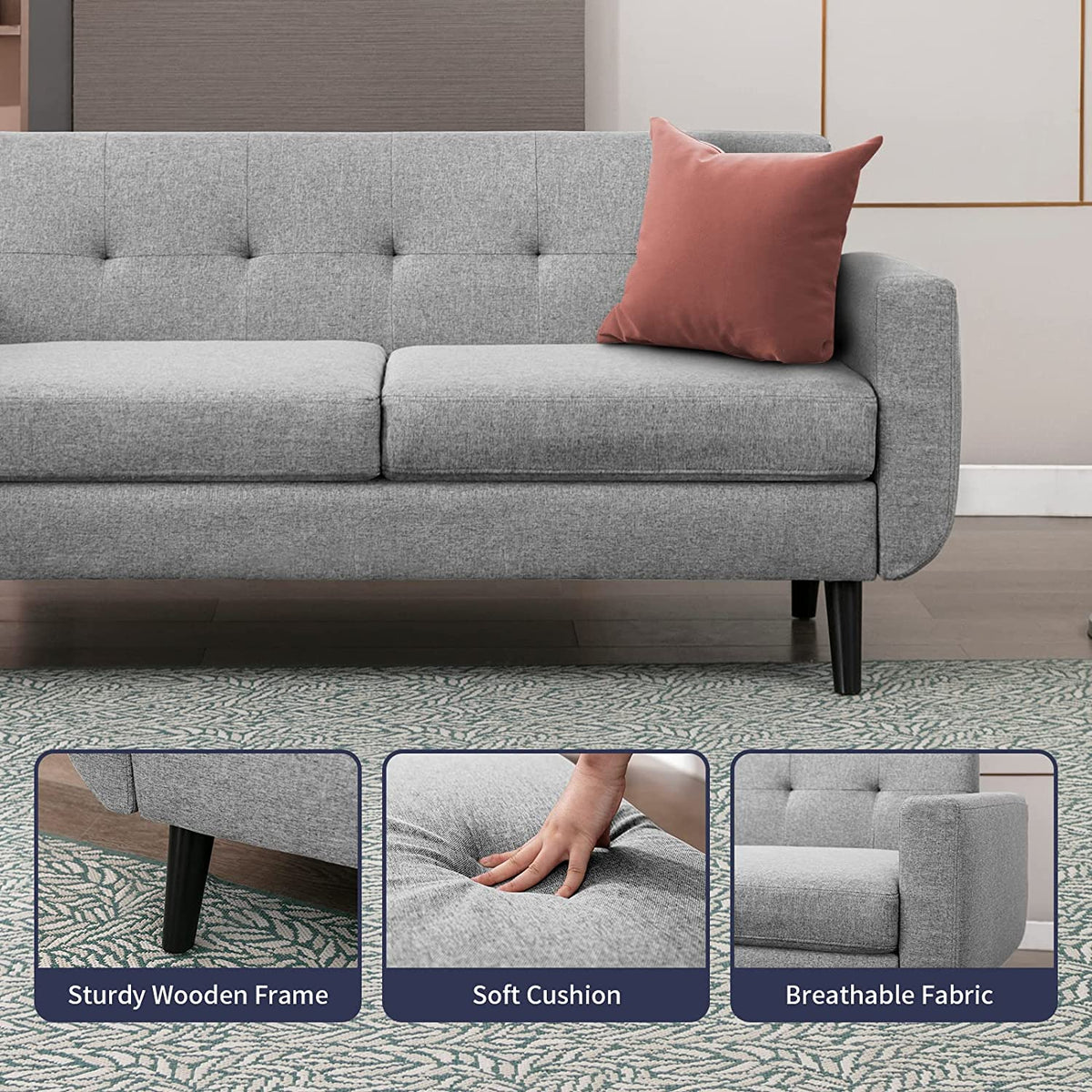68" Futon Sofa 2-Seat Loveseat with Cushion, Light Gray Y40306