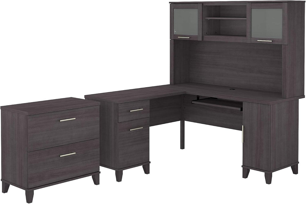 60W L Shaped Desk with Hutch and Lateral File Cabinet V9058