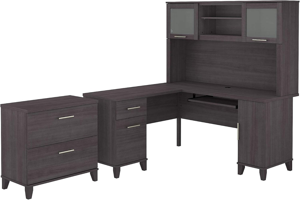 60W L Shaped Desk with Hutch and Lateral File Cabinet V9058