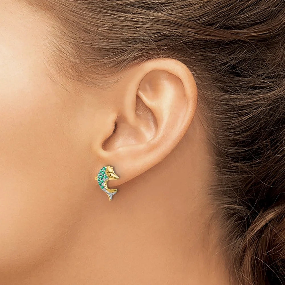 14k Yellow Gold Rhodium Marquise Emerald and Diamond Dolphin Stud Earrings V685