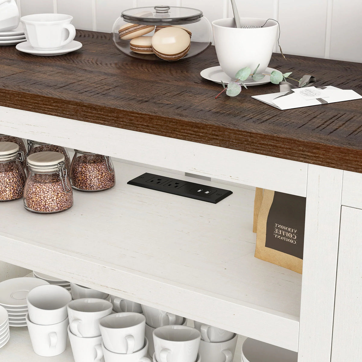 4 Layer Brown Coffee Bar Cabinet with Power Outlet S346135