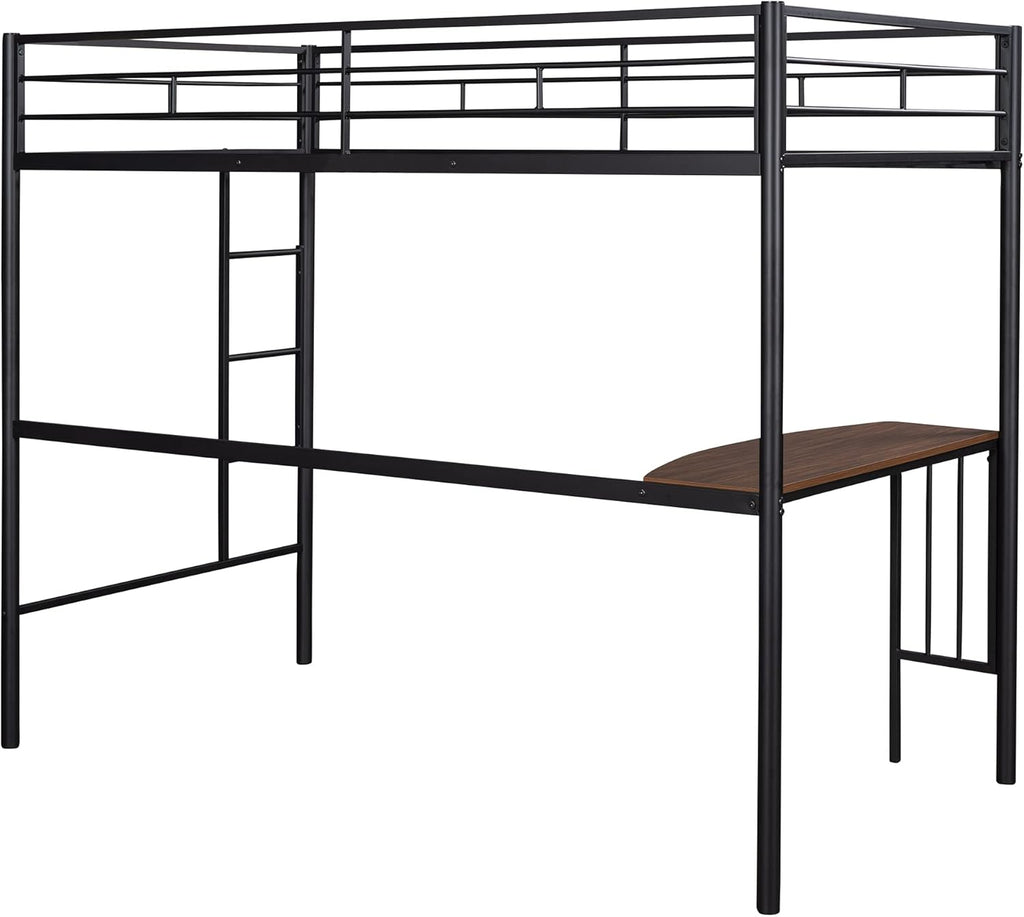 Twin Size Metal Loft Bed with Desk and Storage Shelves (Black) F14297