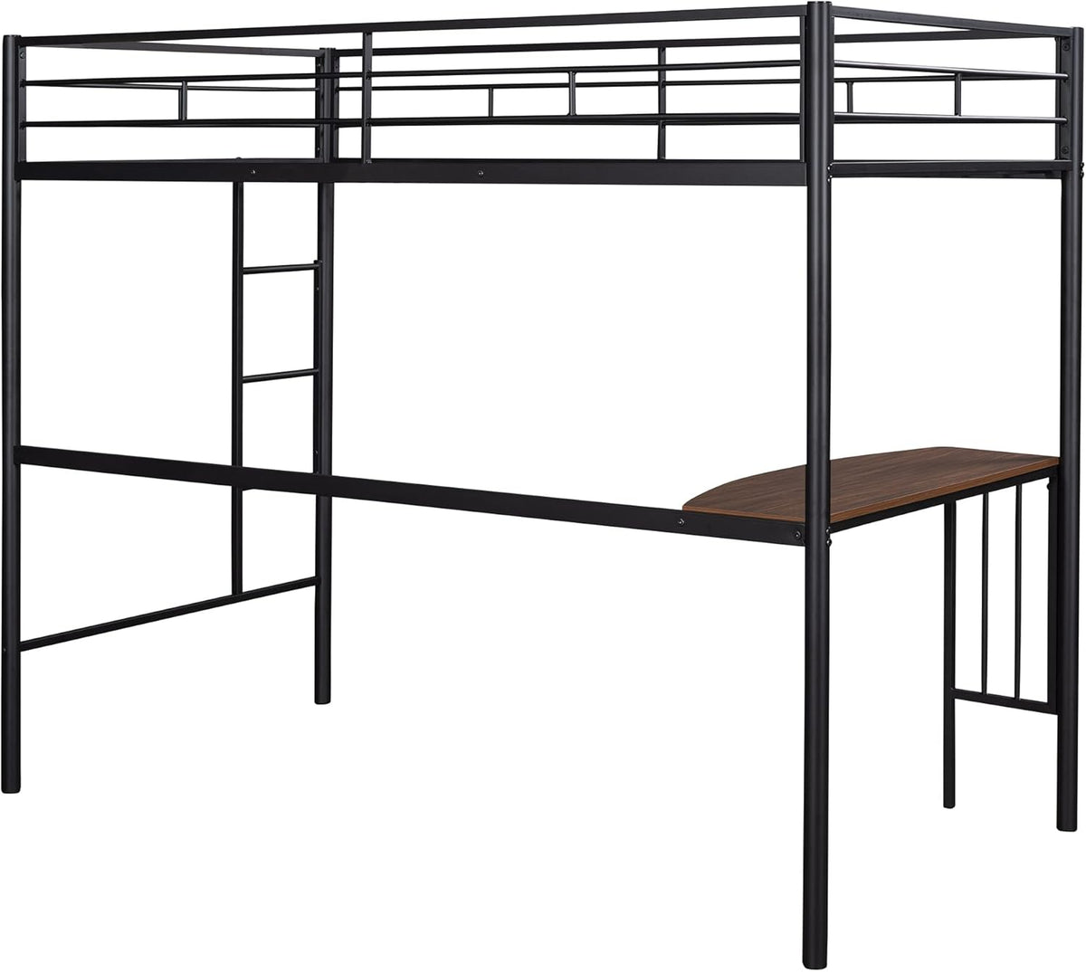 Twin Size Metal Loft Bed with Desk and Storage Shelves (Black) F14297
