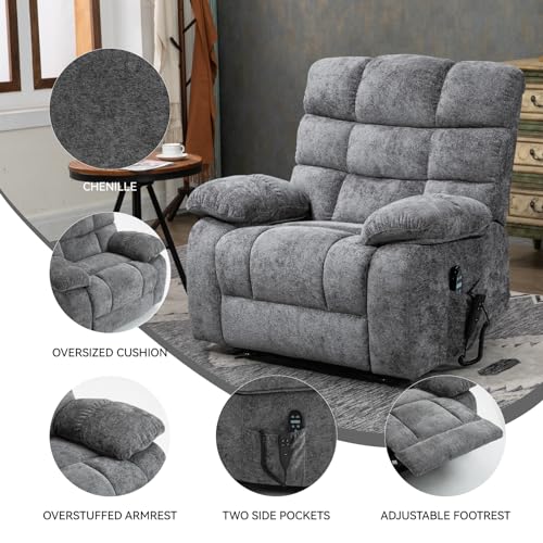 Oversized Grey Electric Power Lift Recliner Chair with Heat & Massage H4335