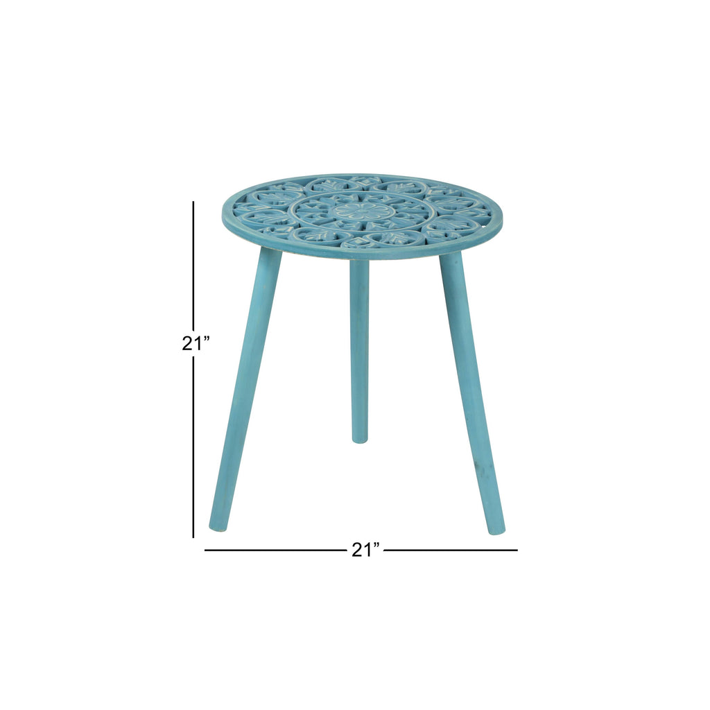 Gray Brown Carved Wood Round Accent Table R744808