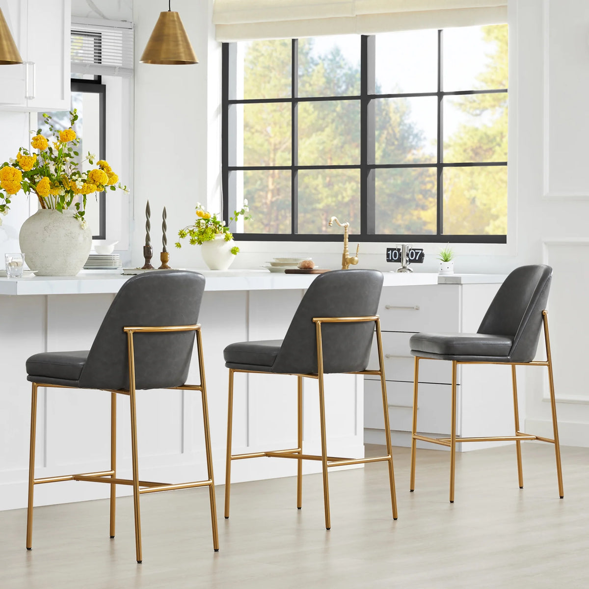 27 inch Faux Leather Counter Height Bar Stool Set of 2 with Back & Metal Legs S787185