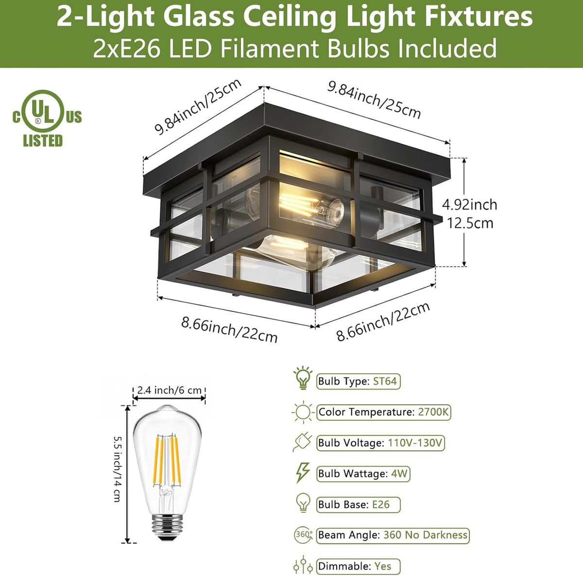 2-Light Black Flush Mount Ceiling Light Fixtures with Clear Glass Shade P453301