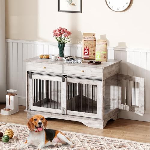 47" Grey Dog Crate Furniture with 2 Storage Draws P314799