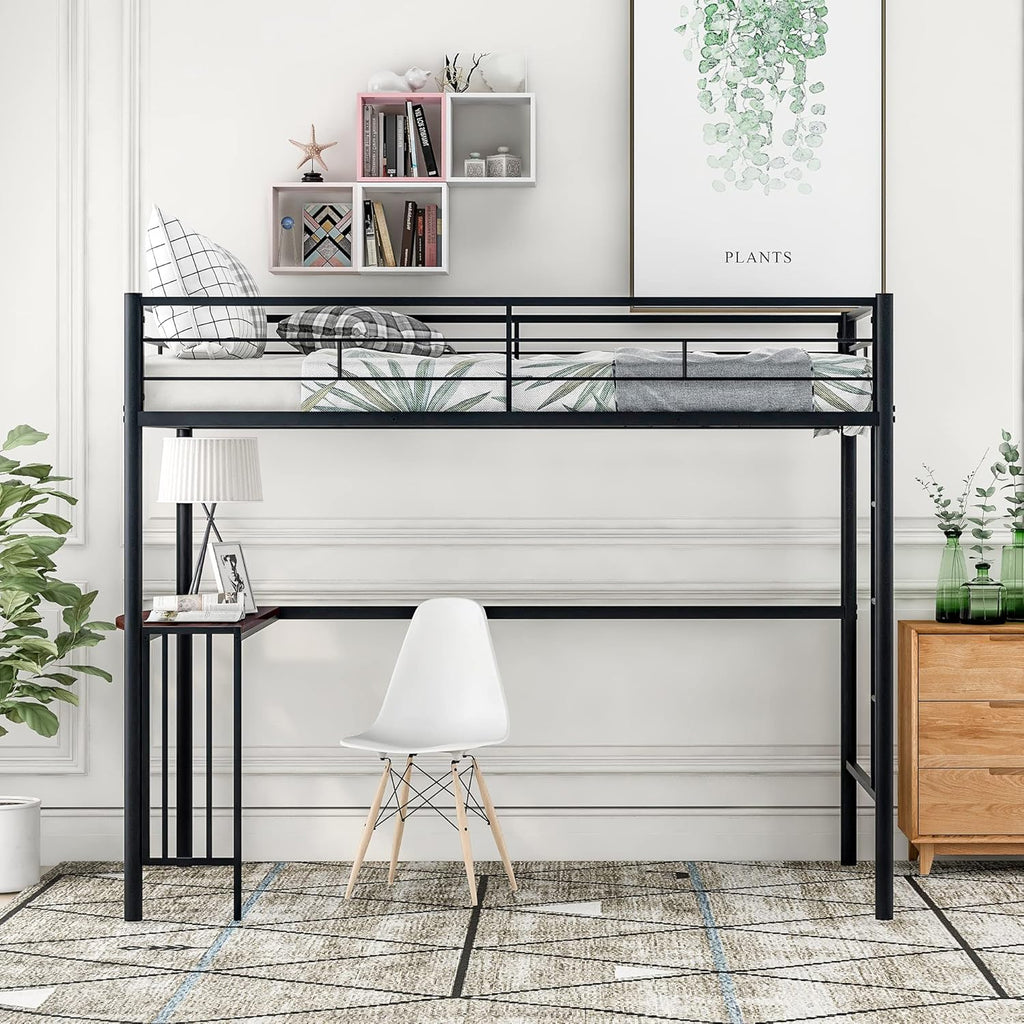 Twin Size Metal Loft Bed with Desk and Storage Shelves (Black) F14297
