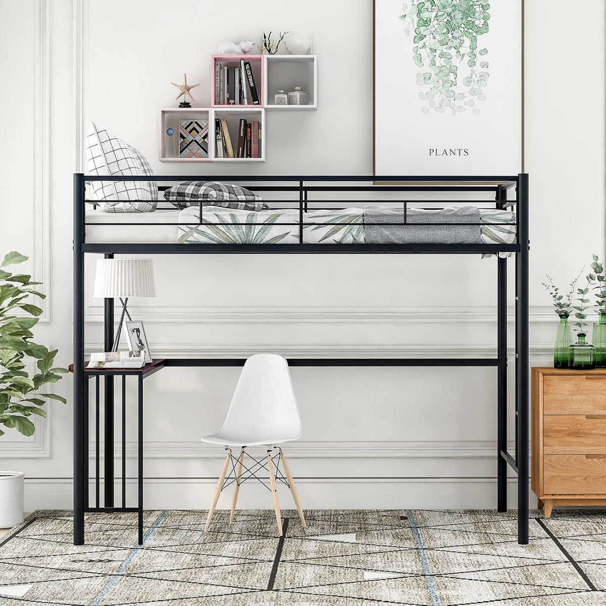 Twin Size Metal Loft Bed with Desk and Storage Shelves (Black) F14297