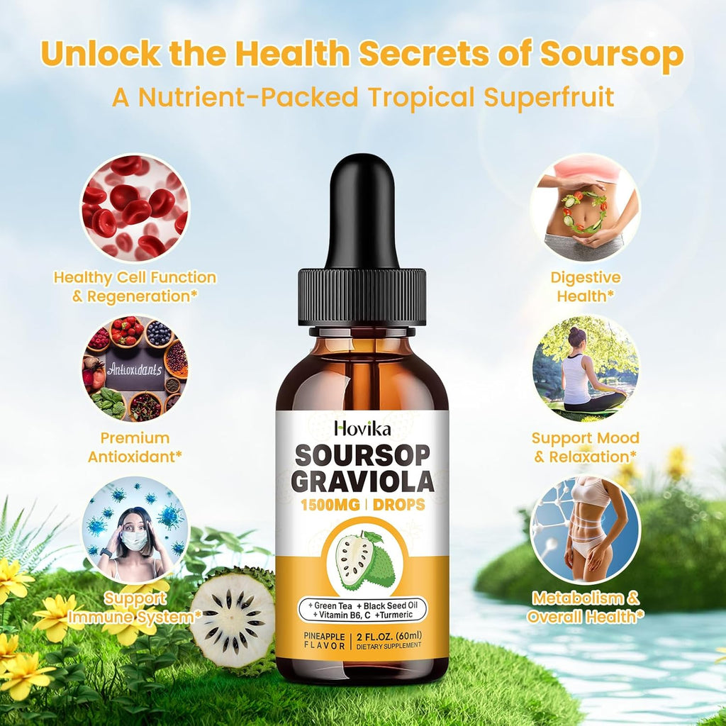 Soursop Graviola Liquid Drops 1500mg with Green Tea, Black Seed Oil, Turmeric 2 Fl Oz X91585