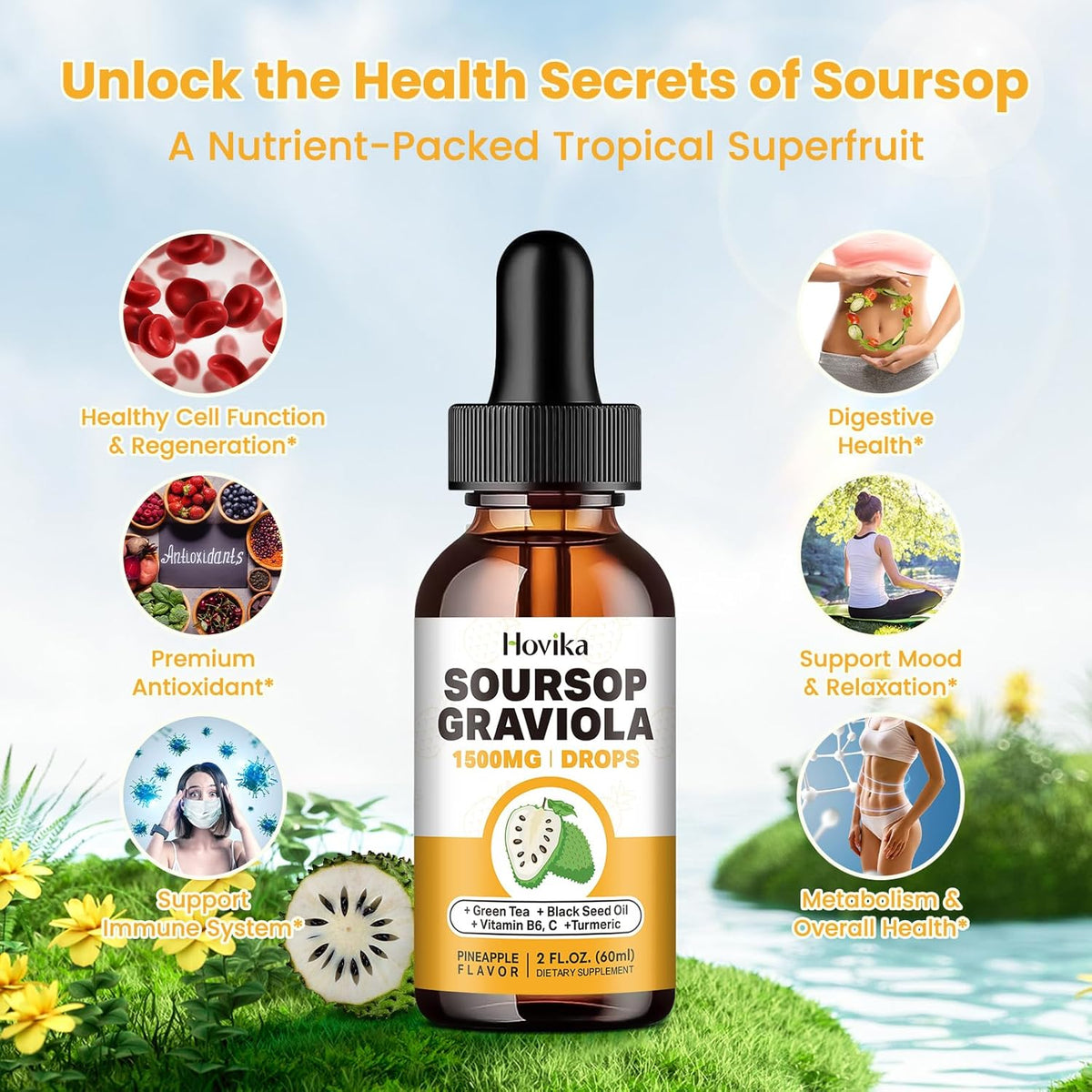 Soursop Graviola Liquid Drops 1500mg with Green Tea, Black Seed Oil, Turmeric 2 Fl Oz X91585