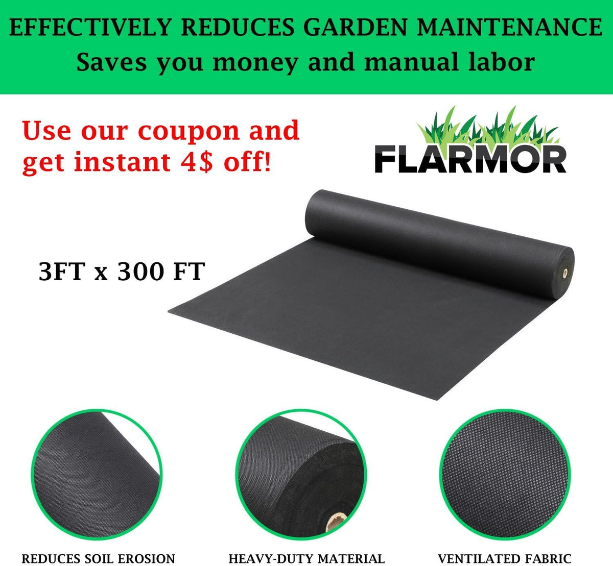 Heavy Duty Weed Barrier Garden Fabric Roll 1.8 oz 3 Ft X 300 Ft Pack of 2 Y391746