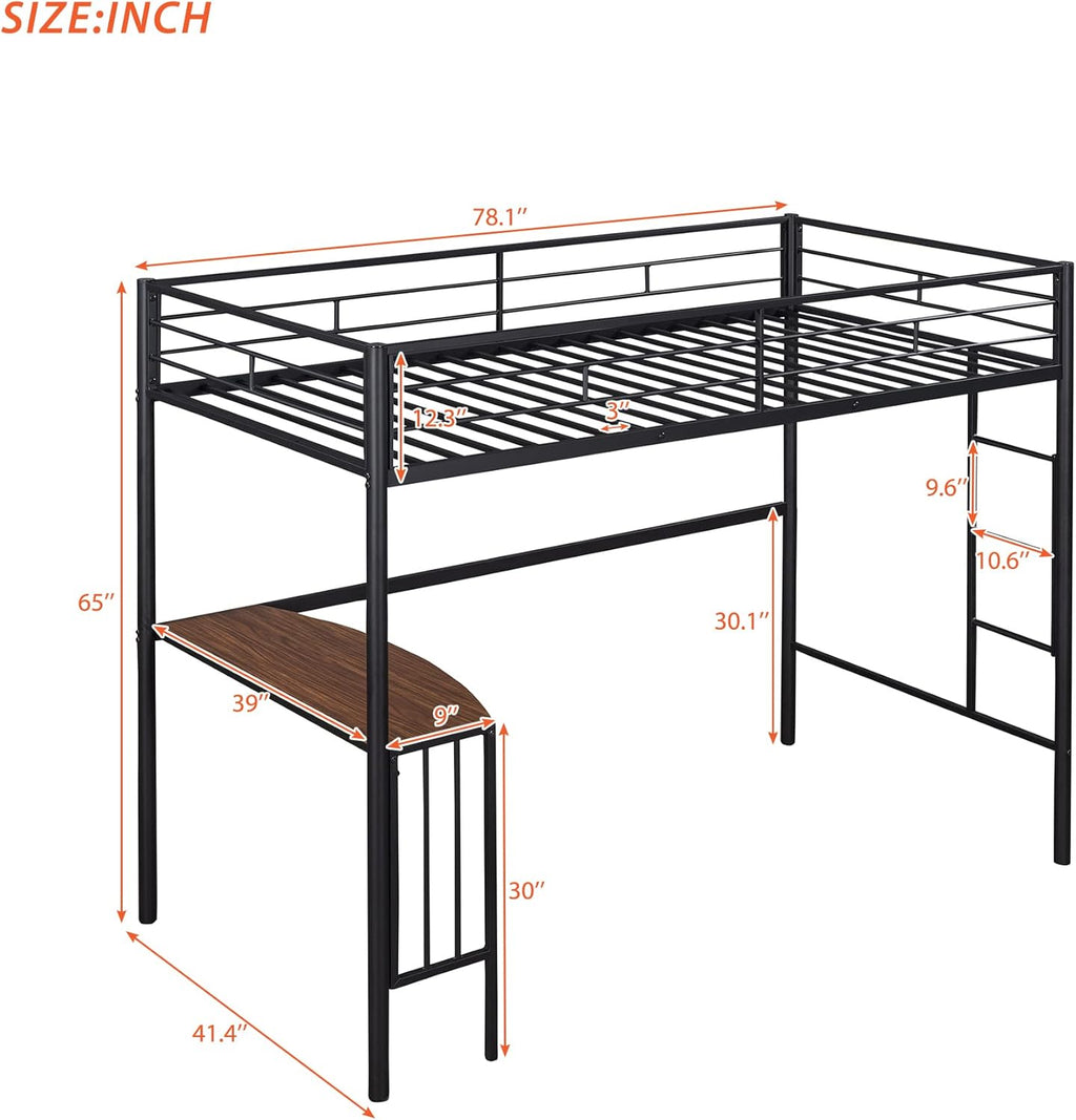Twin Size Metal Loft Bed with Desk and Storage Shelves (Black) F14297