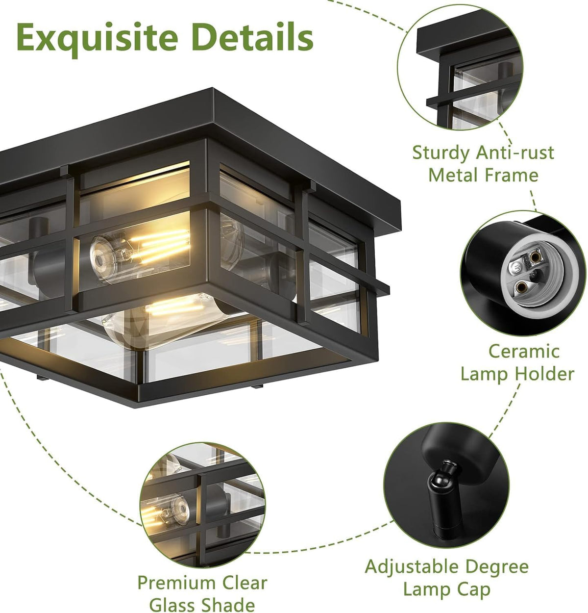 2-Light Black Flush Mount Ceiling Light Fixtures with Clear Glass Shade P453301