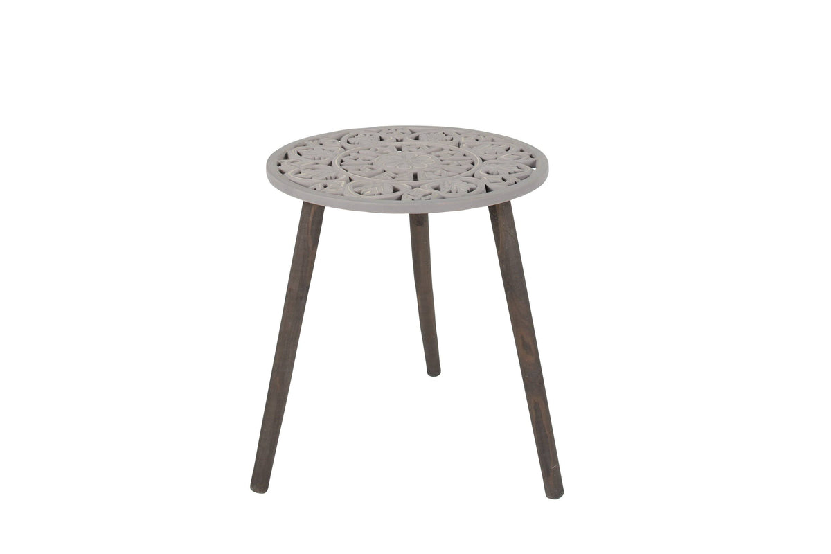 Gray Brown Carved Wood Round Accent Table R744808