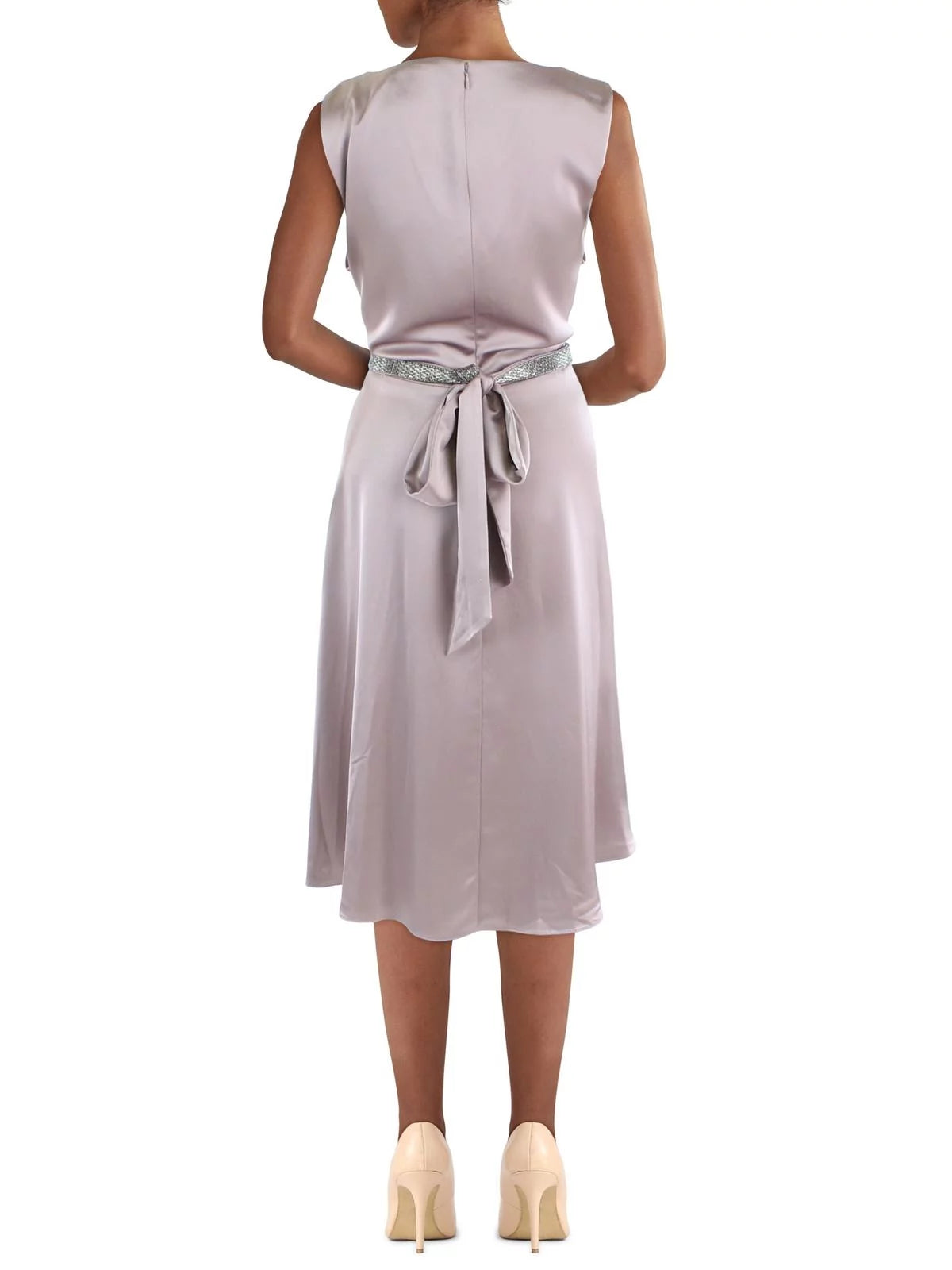 Purple Zippered Pleated Crystal-embellished Tie Belt Sleeveless Surplice Neckline Below The Knee Cocktail Fit + Flare Dress R395