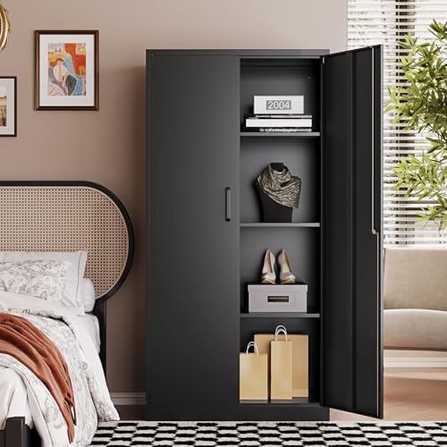 Metal Black Storage Cabinet with Adjustable Shelves and Lock Door P50033