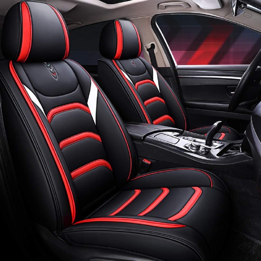 Leather Car Seat Covers Universal Fit Set Black-red D4124