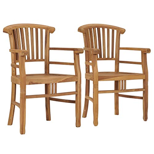 2 pcs Solid Teak Wood Patio Dining Chairs with Backrest and Armrest O15698