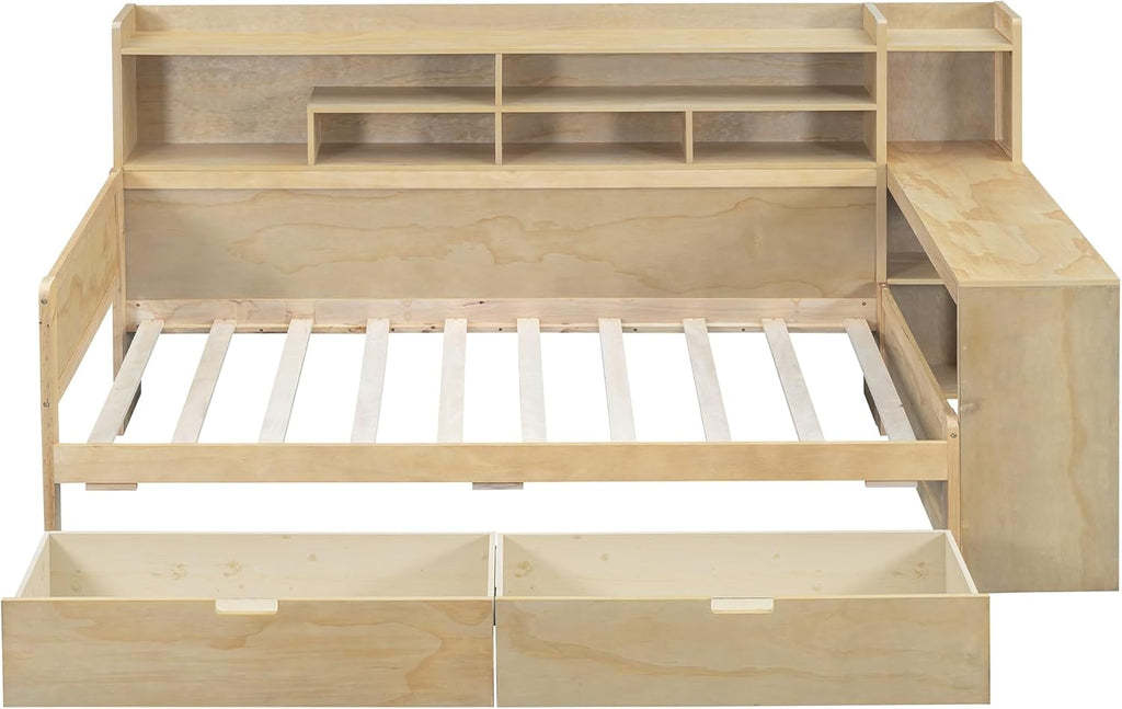 Twin Size Wooden Daybed with Storage Bookshelf, Study Desk and 2 Drawers M507