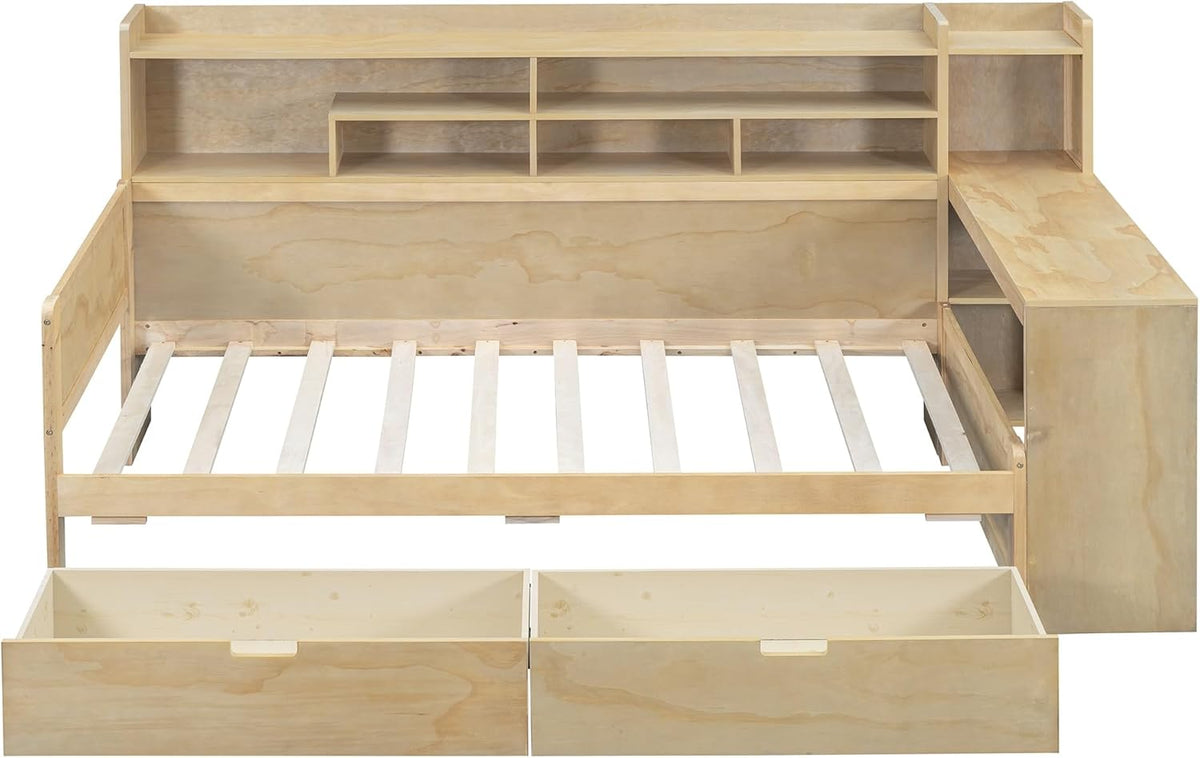 Twin Size Wooden Daybed with Storage Bookshelf, Study Desk and 2 Drawers M507
