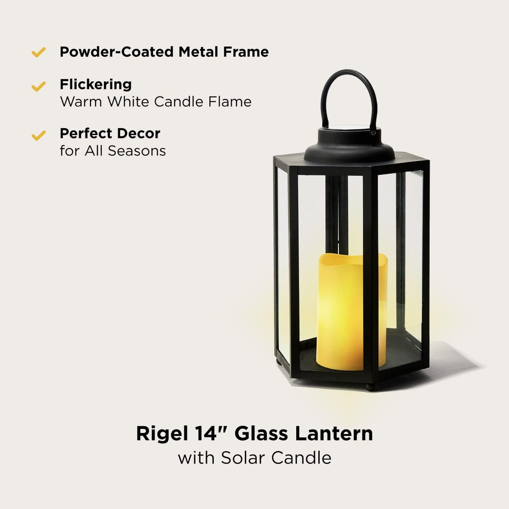14 Inch Black Metal Glass Waterproof Solar Outdoor Lantern S408836
