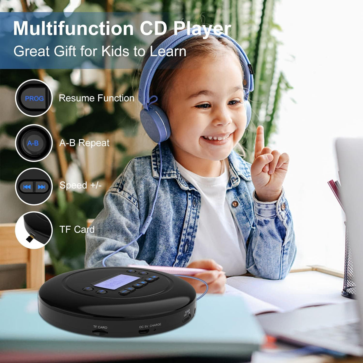 Portable Bluetooth CD Player with Dual Headphone Jack H8518