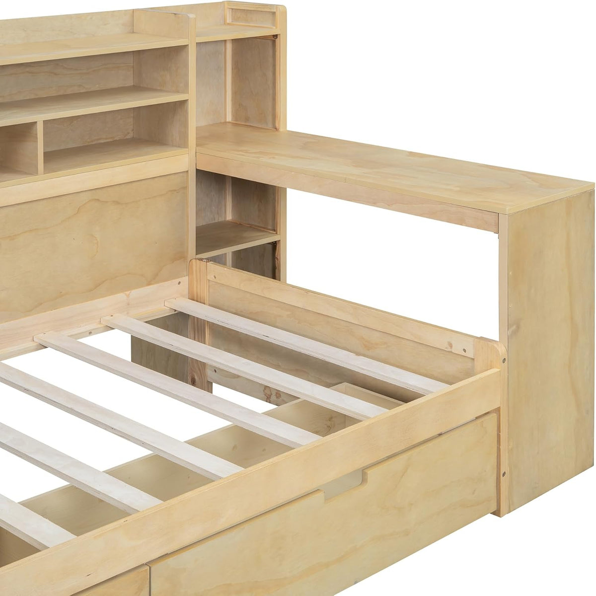 Twin Size Wooden Daybed with Storage Bookshelf, Study Desk and 2 Drawers M507