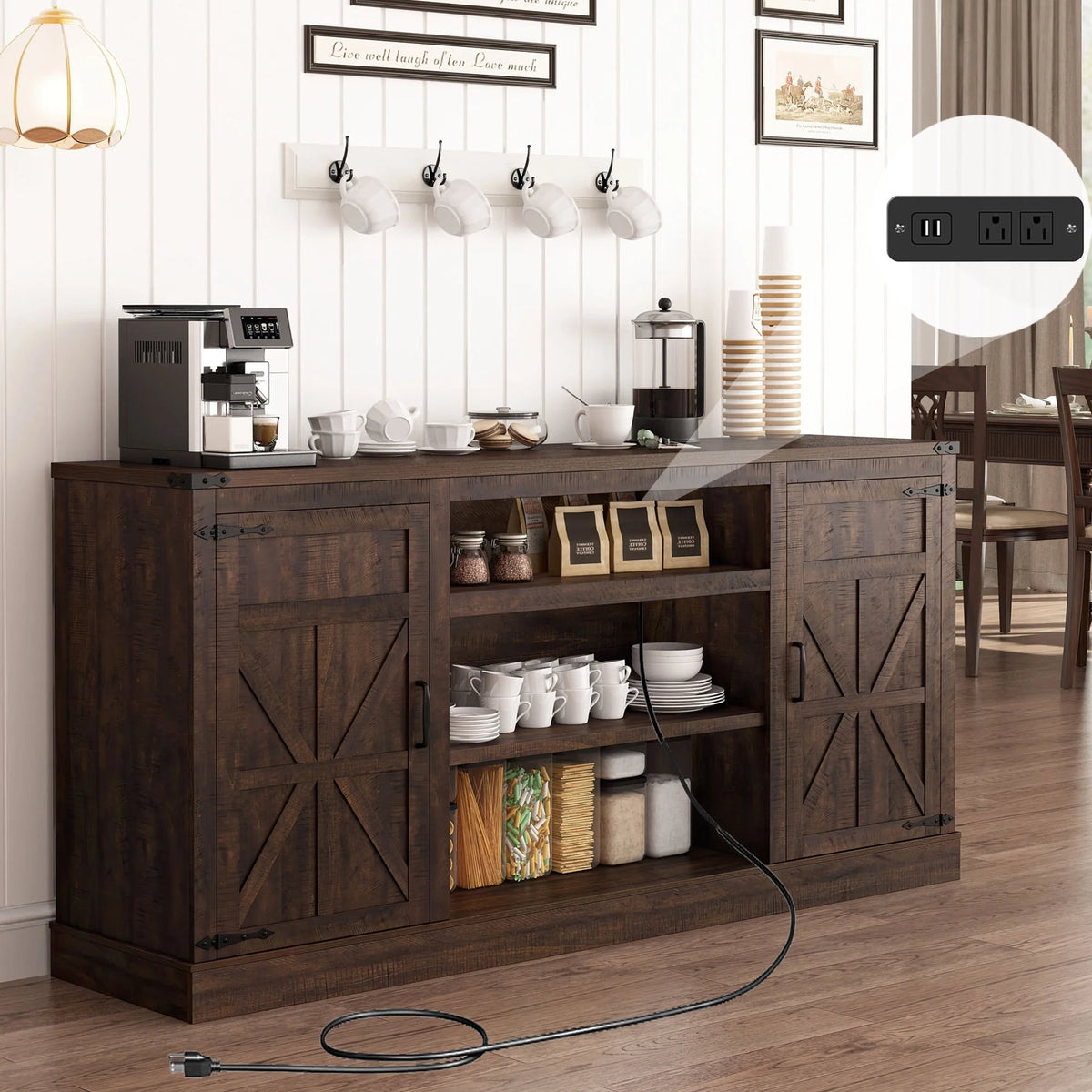4 Layer Brown Coffee Bar Cabinet with Power Outlet S346135