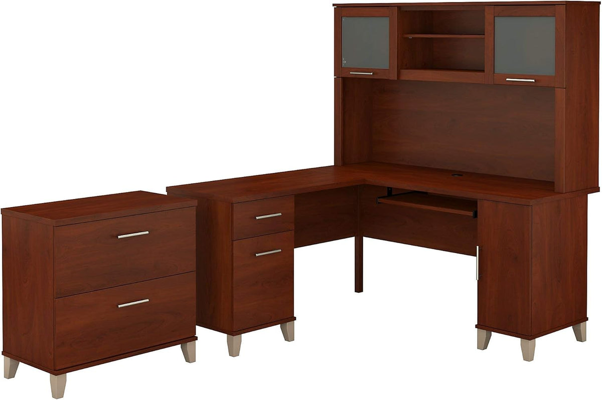 60W L Shaped Desk with Hutch and Lateral File Cabinet V9058