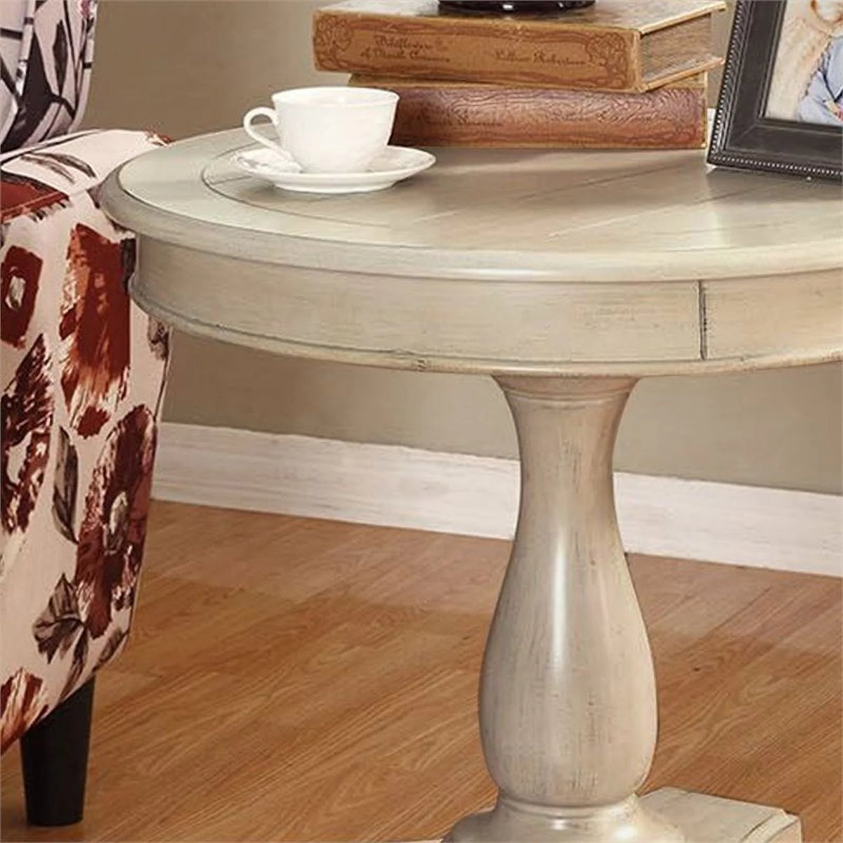 White Round Wood Pedestal End Table Y9508
