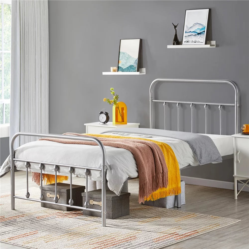 Queen Metal Bed Frame with Headboard & Footboard, White J549